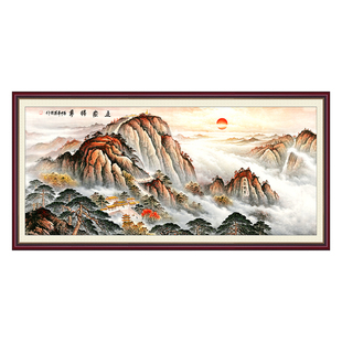 泰山日出壁画自粘油画布中式山水五岳独尊房间客厅装饰画紫气东来