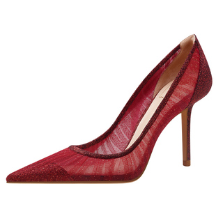 rosecastle 红色秀禾鞋婚鞋女高跟鞋细跟不累脚尖头浅口网纱单鞋