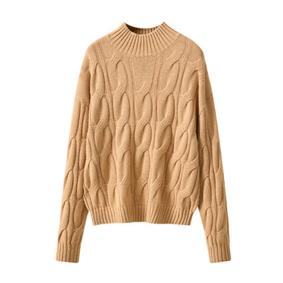 春竹100%羊毛秋冬新款半高领慵懒风毛衣宽松加厚保暖绞花女羊毛衫