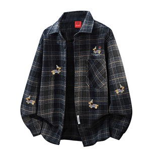 查尔斯桃心腊肠狗重磅格子呢绒长袖衬衫男秋冬季加厚美式复古外套