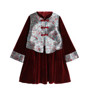 沫沫童装冬装女童拜年套装2026冬季新款儿童新年新中式马甲连衣裙