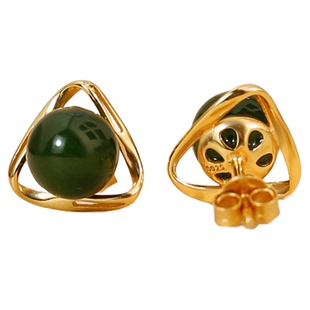 带证书和田玉8mm耳钉碧玉珠子耳钉三角形925银耳环古风耳饰配