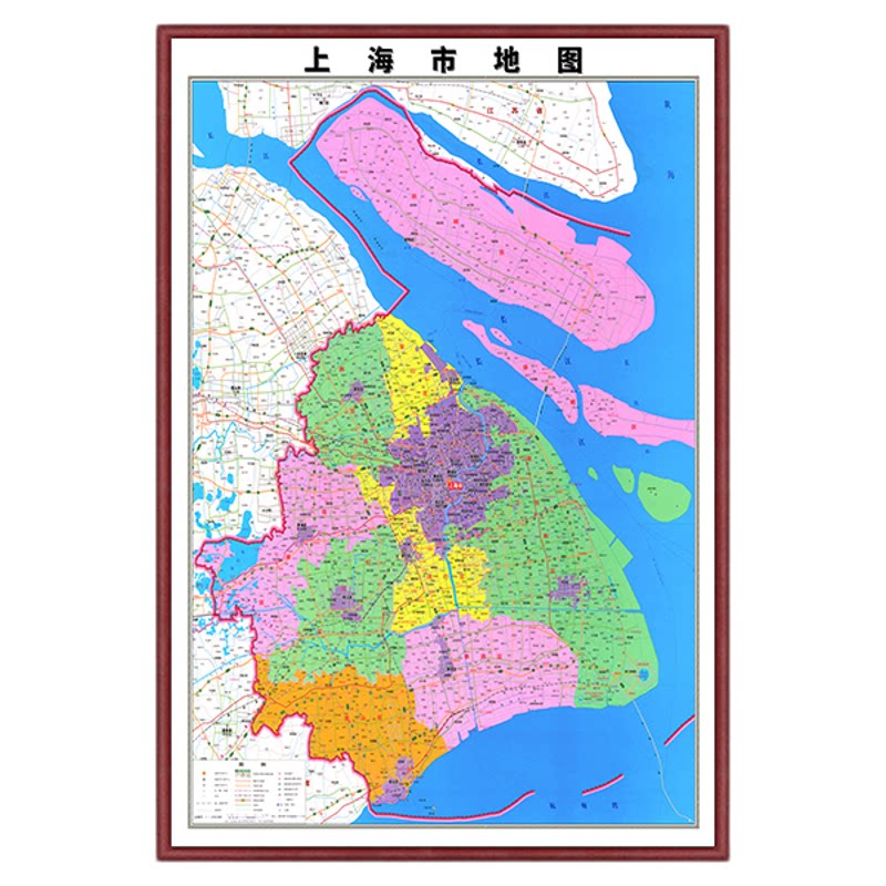 上海市地图竖版实木框装裱全新高清各区县定制地图办公室专用挂画