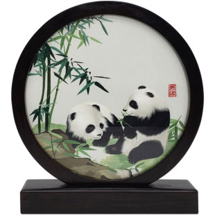 大熊猫蜀绣双面手工刺绣屏风中国风民俗文化出国礼物包邮檀木插屏