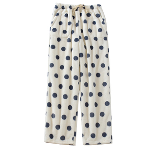 加厚法兰绒睡裤女长裤印花圆点加绒保暖宽松直筒平口珊瑚绒家居裤