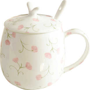 高颜值马克杯女带盖勺精致骨瓷咖啡杯儿童家用喝水杯子陶瓷早餐杯