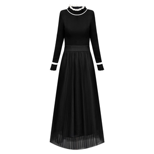 长款针织连衣裙女秋冬百搭显瘦2026新款网纱裙半高领黑色毛衣裙子