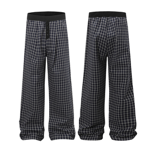 FOCABO美式复古蓝格子休闲裤男夏季宽松日常通勤直筒阔腿裤长裤子