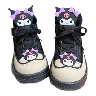 女童高帮运动鞋秋冬季黑色皮面加绒女款板鞋2025新款二棉鞋加棉女