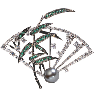 南珠宫合金海水珍珠胸针新中式传统国风翠竹扇胸饰 C-Z008HN-YH