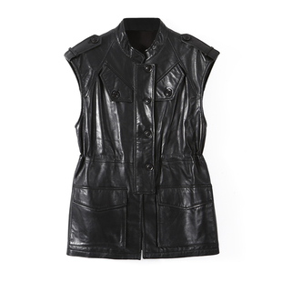 绵羊皮马甲女士2025秋季新款真皮修身中长款坎肩黑色无袖皮衣外套