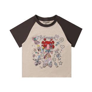 BETWEENANDx鸟鸟一 夏季撞色短款上衣女夏日系卡通插画短袖t恤