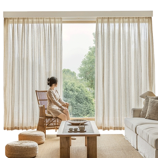 绍兴柯桥亚麻纱帘半遮光窗帘客厅茶室禅意日式透光不透人原木风纱