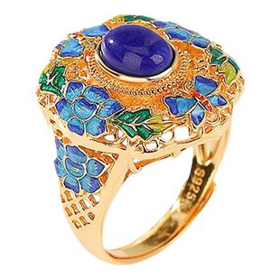 大气场s925纯银独特偏财南红青金石食指戒珐琅蝴蝶莲花镂空女戒指
