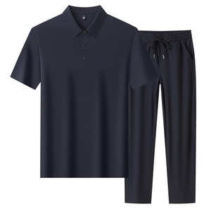 罗蒙轻奢商务高弹冰丝短袖两件套男士无痕夏季丝滑POLO衫休闲套装