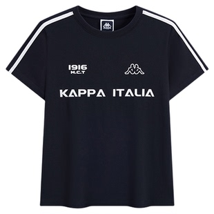Kappa卡帕复古运动风短袖新款T恤女黑色字母印花亲肤透气吸湿上衣