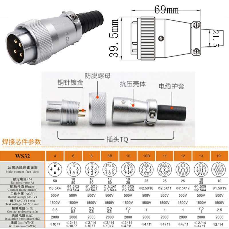 威浦航空插头对接 WS32-4-6-8-10-10B-11-13-19芯 TQ/ZQ工业接头