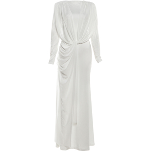 #Sisjuly#典雅静奢大气 小众设计不规则纽带飘纱时尚长袖连衣裙女