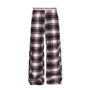 Sixminu 美式复古格子长裤女撞色双腰头松紧腰宽松直筒裤女休闲裤