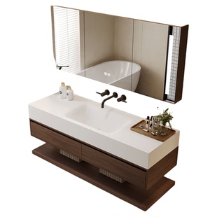 复古原木风可丽耐岩板热弯无缝一体盆浴室柜组合洗脸洗漱台盆定制