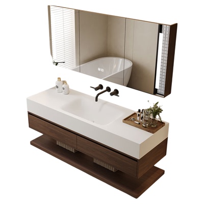 复古原木风可丽耐岩板热弯无缝一体盆浴室柜组合洗脸洗漱台盆定制