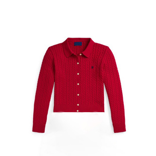 女童春装polo领小马标针织开衫百褶裙套装女孩表演礼服红色毛衣棉