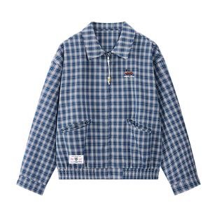 查尔斯桃心翻领夹克春秋拼接蓝格子复古学院风高级感百搭情侣外套
