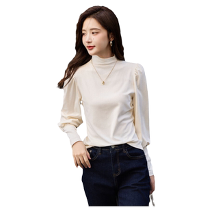 时尚气质加厚打底衫2025年冬款半高领百搭纯色灯笼袖磨毛内搭