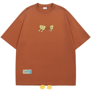 GUUKA弹簧豹重磅短袖男夏情侣纯棉T恤水晶绒猫爪半袖落肩上衣宽松