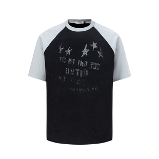 BTSG 水洗做旧插肩黑白撞色星星标语短袖T恤baggy街头复古宽松tee