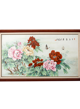 夫己纯手工陶瓷手绘天香富贵平板壁画深框国风卧室客厅玄关壁画