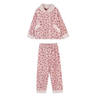 JoyceBra甜美粉豹纹珊瑚绒睡衣女冬季保暖休闲外穿加厚家居服套装