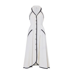 Chings港式复古削肩V领黑白撞色明媚大女主高腰显瘦A字无袖连衣裙