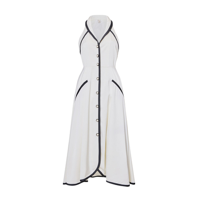 Chings港式复古削肩V领黑白撞色明媚大女主高腰显瘦A字无袖连衣裙