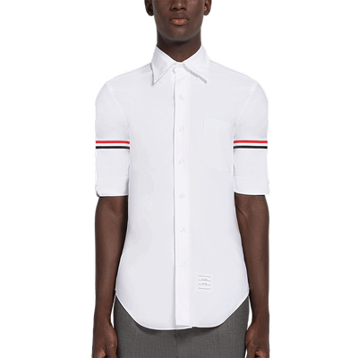 [6期免息]THOM BROWNE 男士经典商务棉质短袖修身尖领白衬衫