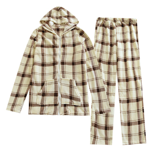 日系女士秋冬珊瑚绒睡衣套连帽拉链款格子加厚保暖均码简约家居服