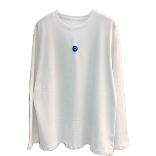 低头见笑脸!韩国刺绣蓝色圆圈笑脸 百搭休闲100%纯棉白色长袖T恤