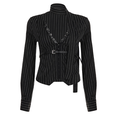 WEEKEEP 高智辣妹性感V领蕾丝拼接条纹长袖衬衫修身收腰显瘦上衣