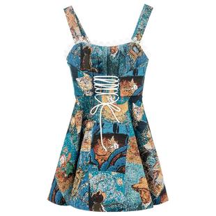 KEIKO 油画风色织提花吊带连衣裙25春夏出游小个子显瘦蓬蓬短裙