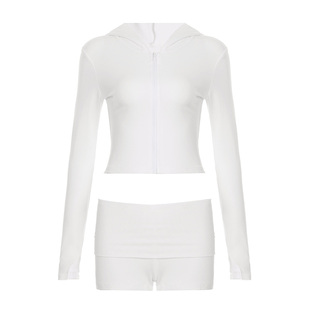 eilove美式街头纯色休闲运动套装长袖连帽拉链T恤折腰短裤两件套