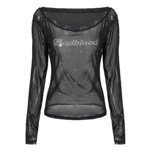 韩国badblood烫钻透视斜肩T恤女小众设计高级感纯欲网纱打底上衣