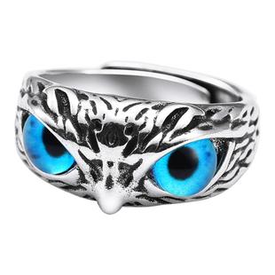 s925纯银猫头鹰男士戒指复古女镶嵌松石指环平安守护开口戒子礼物