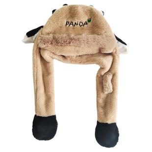 可爱熊猫帽子保暖会动耳朵毛绒围巾一体女秋冬网红成都基地纪念品