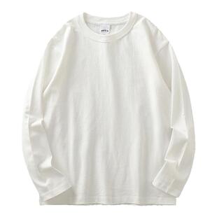 美式400G重磅长袖t恤男春秋厚实圆领卫衣纯棉纯白色三本针打底衫