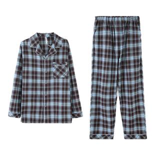 安之伴秋冬梭织磨毛睡衣男春秋季纯棉长袖套装休闲复古格子家居服
