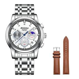 Dickies手表男款多功能三眼时尚钢带夜光防水男士商务腕表日历711