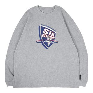 STA 潮牌秋季美式队标守护者盾印花纯棉长袖宽松运动圆领T恤男士