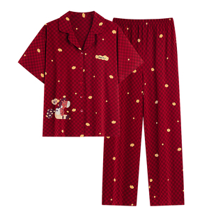 芬腾可安睡衣女款高级感夏季纯棉女士短袖长裤2026马年红色家居服