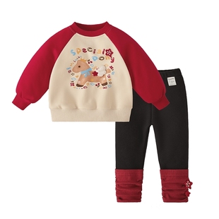 [保暖锁温]女童卫衣套装秋冬上衣打底裤子两件套宝宝红色儿童冬装