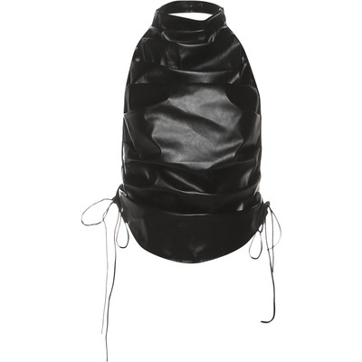 酷飒拽姐风个性黑色PU皮无袖背心